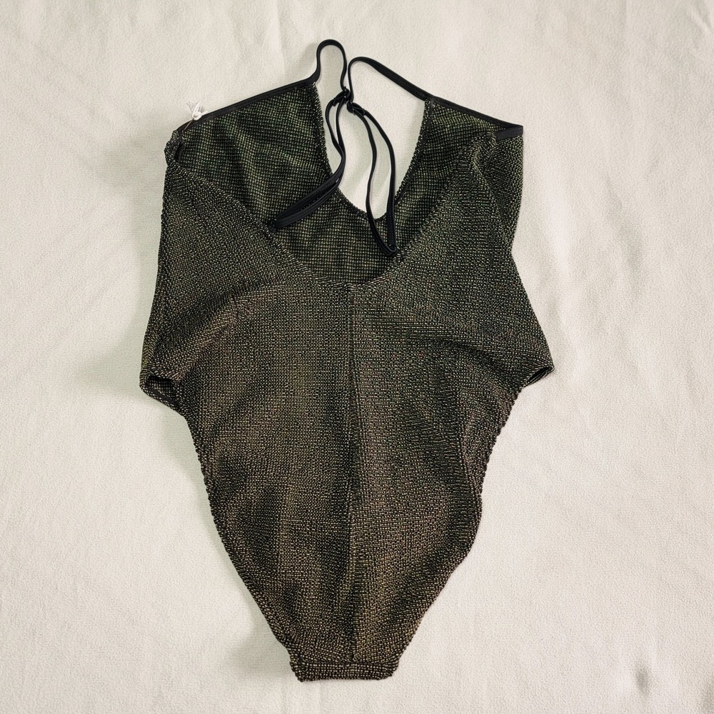 NWT Good American One Piece Swimsuit Gold-Green Black Women's 7/8 Metallic Glam - Picture 2 of 7